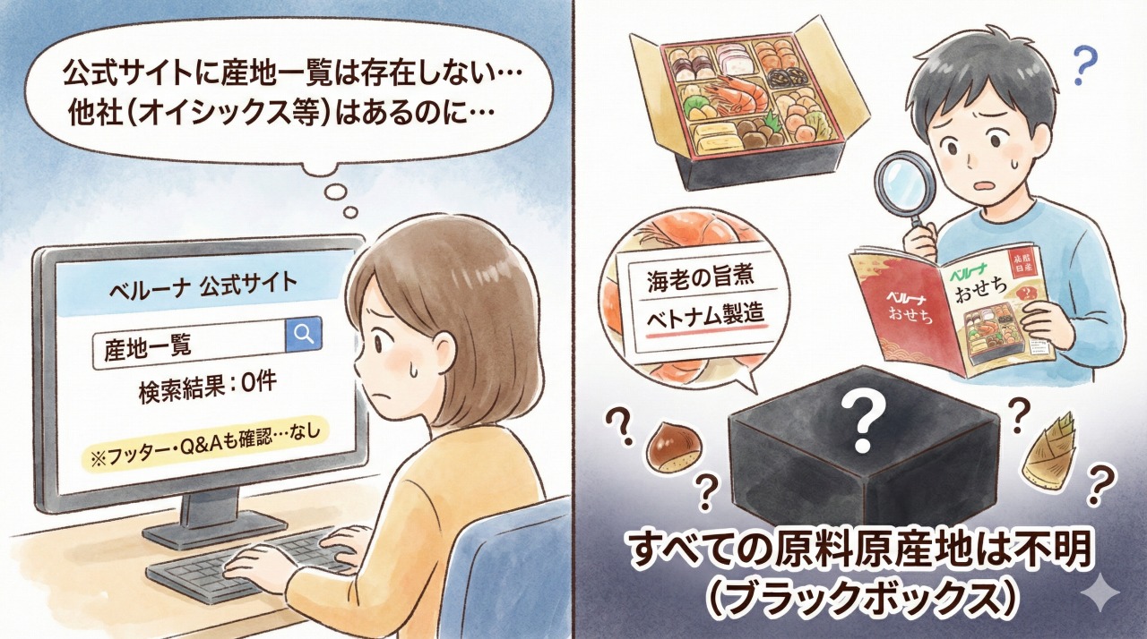 実際に購入したベルーナおせちに原料原産地が表示されているかチェック。