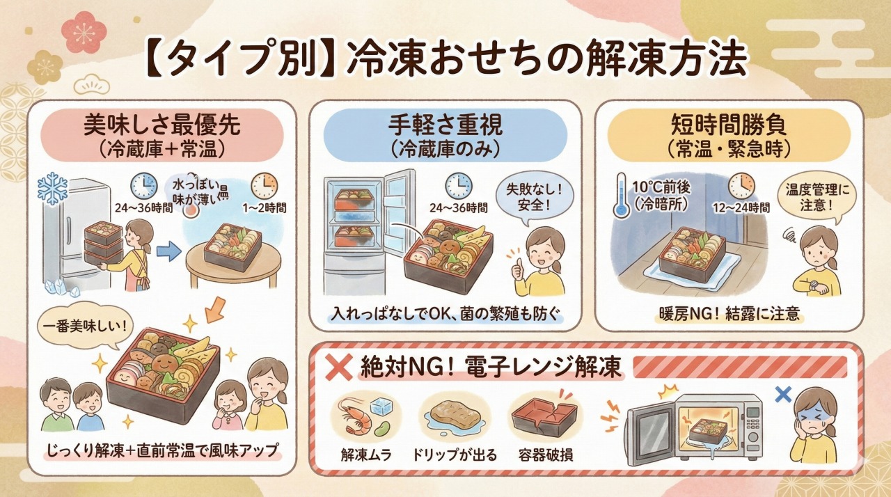 タイプ別の冷凍おせちの解凍方法。