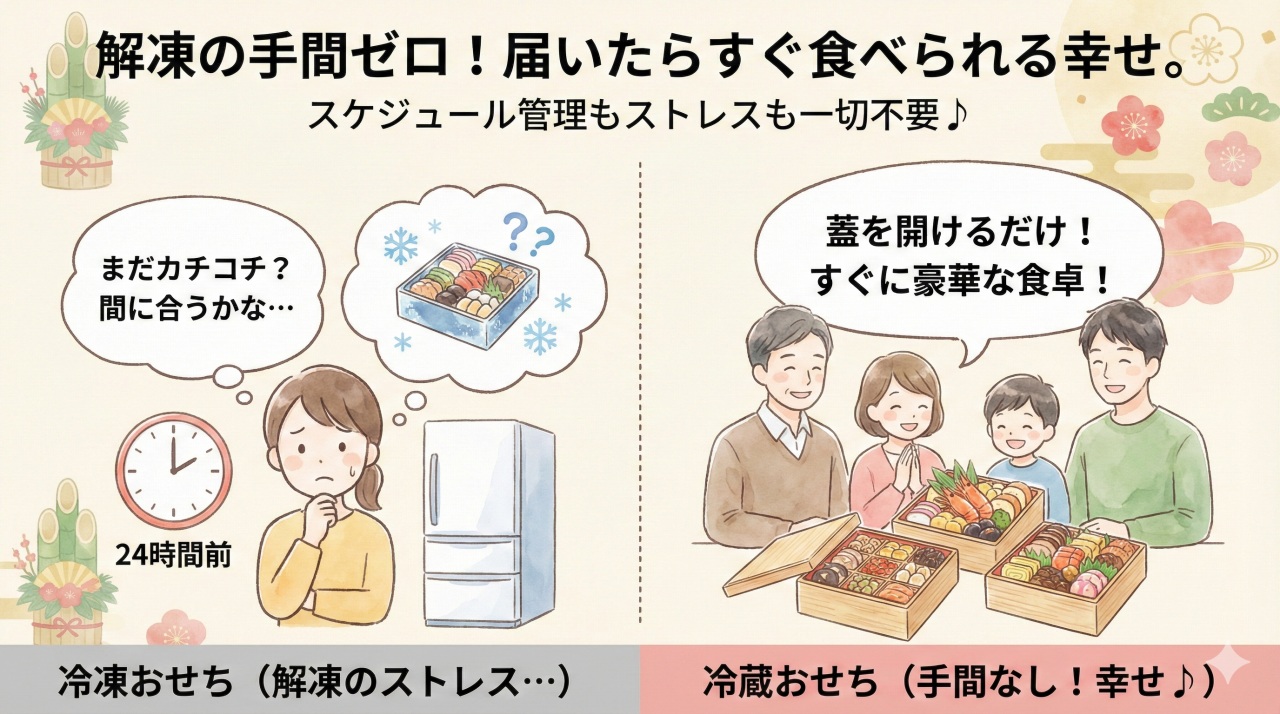 冷蔵おせちのメリット①：解凍の手間が不要。
