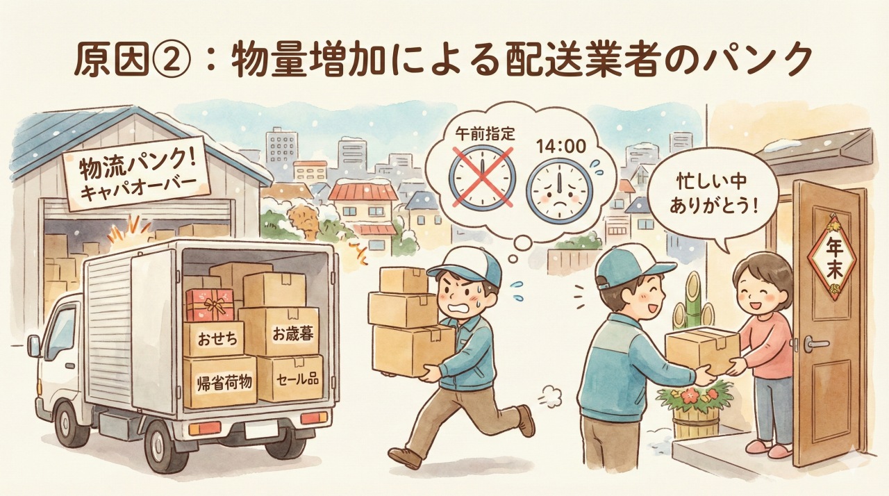 ベルーナおせちが予定通り届かない理由②：年末は配達する荷物が大幅に増えて、配送業者がパンクする。