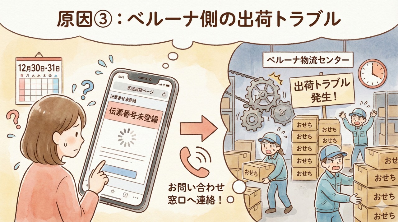 ベルーナおせちが予定通り届かない理由③：ベルーナの出荷手配ミス。