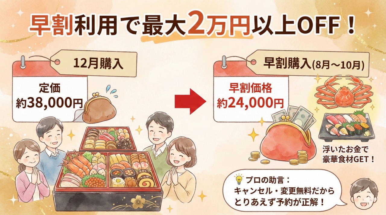 匠本舗おせちは早割利用で最大2万円OFF。