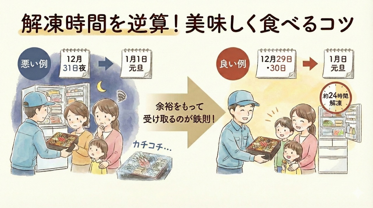 ベルーナおせちは解凍時間を逆算するのがおすすめ。