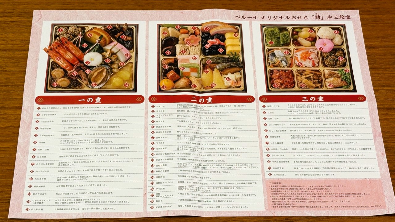 ベルーナおせちの料理内容の説明カタログ。