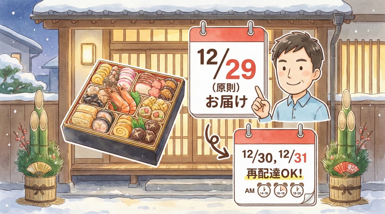 ベルーナおせちの配達日は原則12/29。