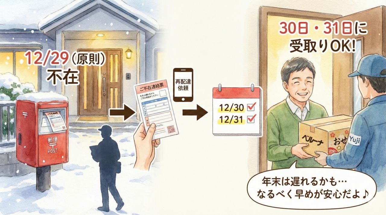 ベルーナおせちは12/29に受け取れなかったら、12/30、31に再配達してもらえる。