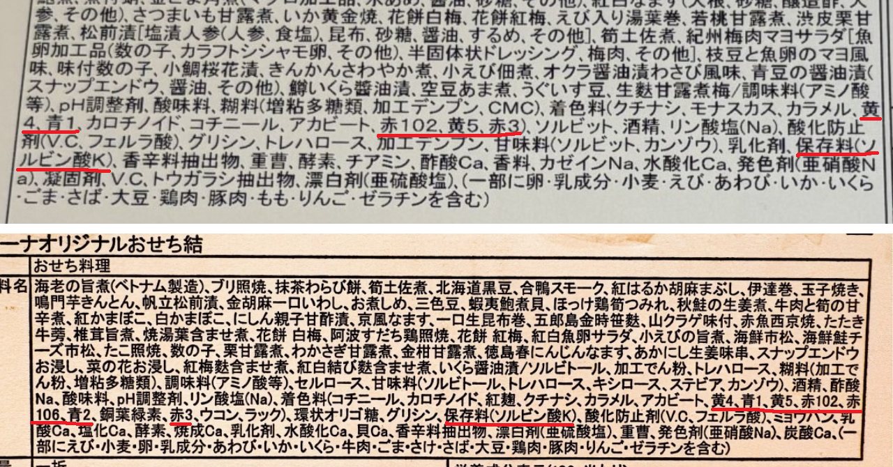 ベルーナおせちには合成保存料と合成着色料が使われている。