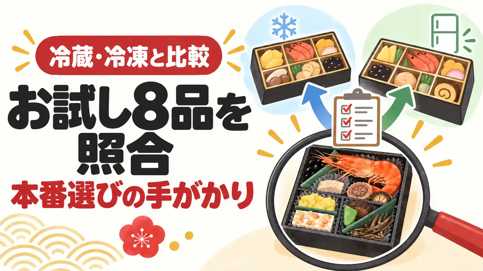 ちこり村のお試しおせち8品を冷蔵・冷凍の本番商品と照合し、候補を絞るイラスト