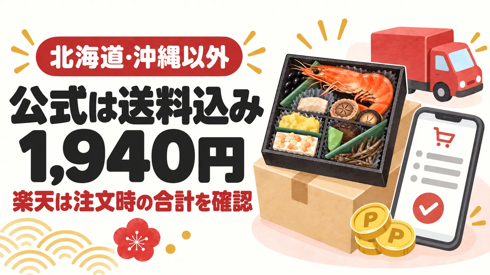 ちこり村のお試しおせちの送料込み1,940円と注文時の確認点を示すイラスト