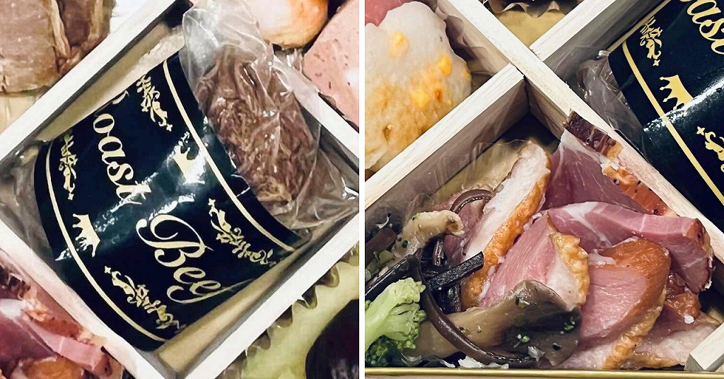 ジャパネットたかたのおせち料理の一例「ローストビーフの切る前」と「合鴨スモーク」。