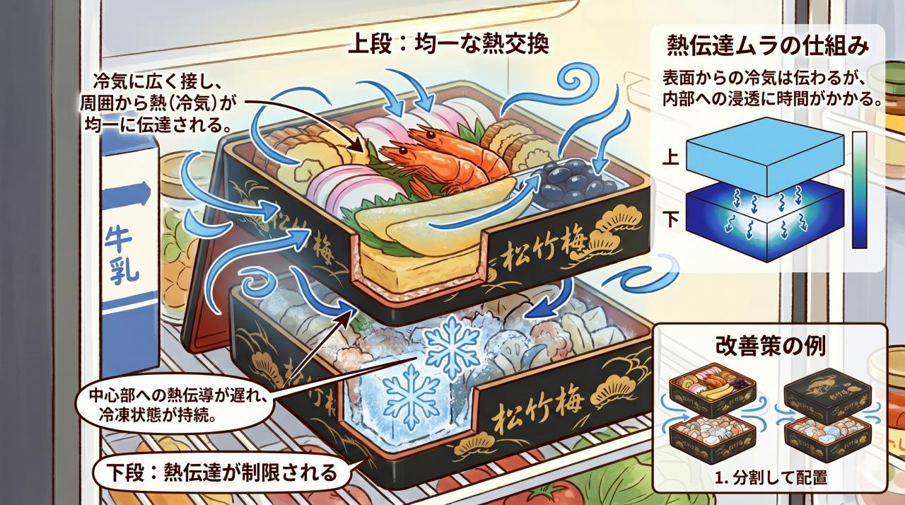 冷蔵庫で重箱を重ねたままで解凍するとムラになるメカニズム。