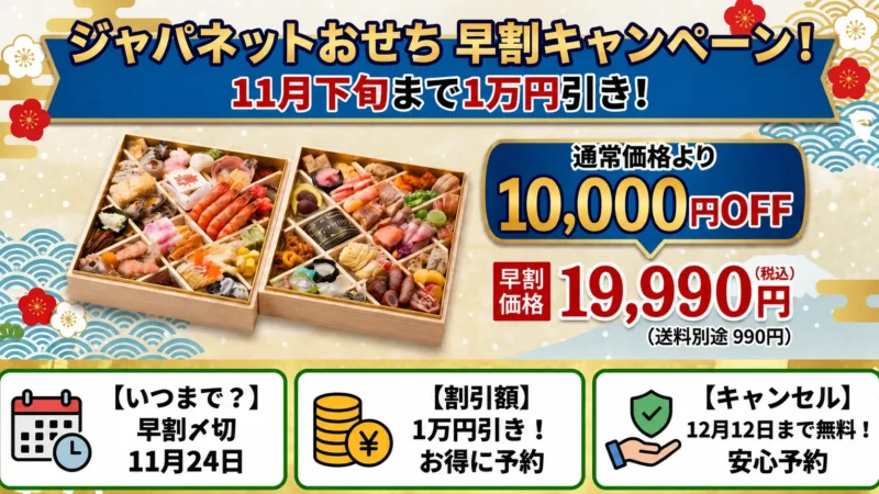 【2027年】ジャパネットおせちの早割はいつまで？11月24日まで1万円引き 