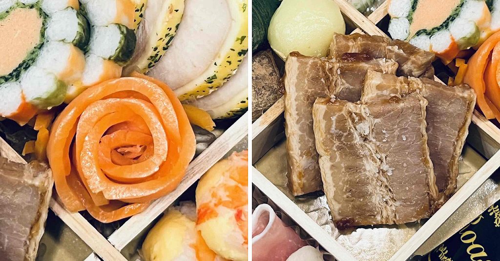 ジャパネットたかたのおせち料理の一例「スモークサーモンローズ」と「豚の角煮」。