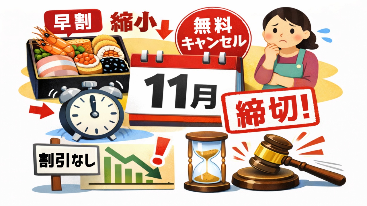 11月のおせち販売の特徴は早割縮小し、無料キャンセルの終了〆切。
