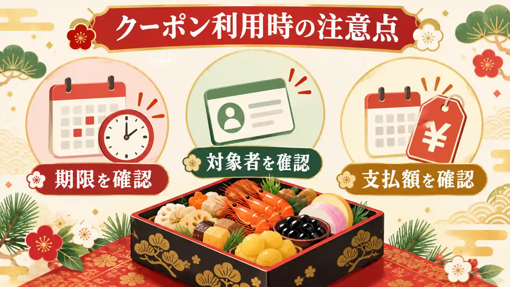 オイシックスおせちのクーポン利用前に期限・対象者・支払額を確認するイラスト