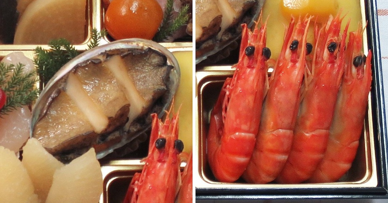 清新おせちの鮑と海老。